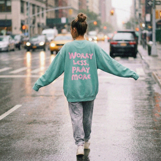 Mercy & More Sweatshirt Seafoam / S Worry Less, Pray More Sweatshirt